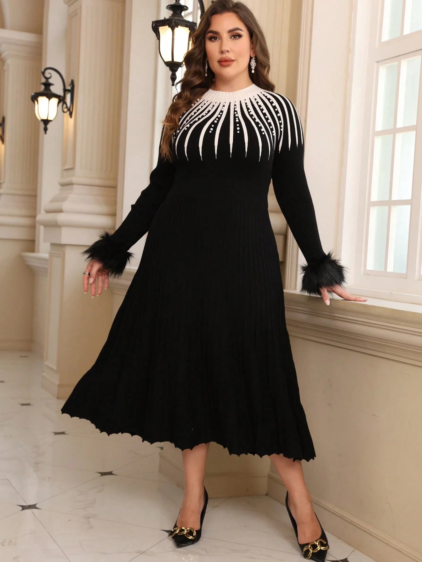 SHEIN Clasi Plus Fuzzy Cuff Pearls Beaded Sweater Dress