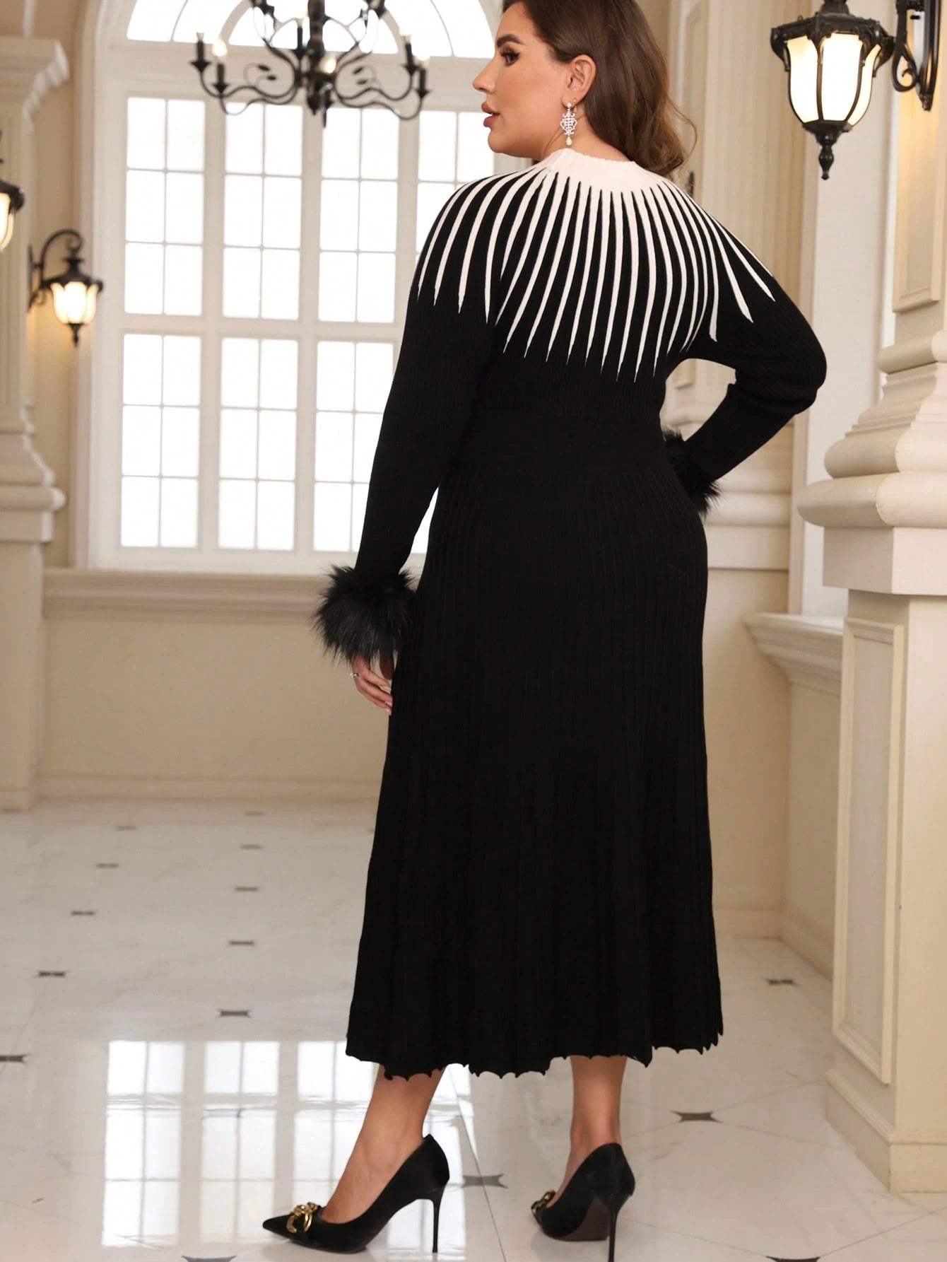 SHEIN Clasi Plus Fuzzy Cuff Pearls Beaded Sweater Dress