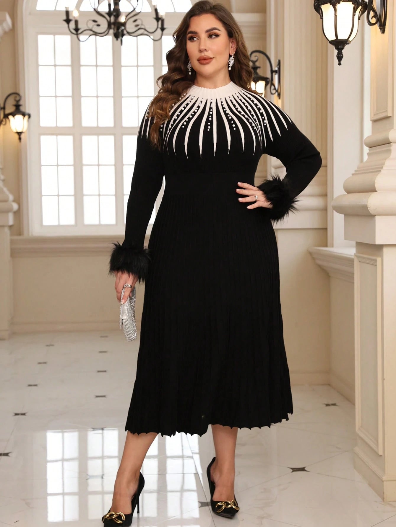 SHEIN Clasi Plus Fuzzy Cuff Pearls Beaded Sweater Dress