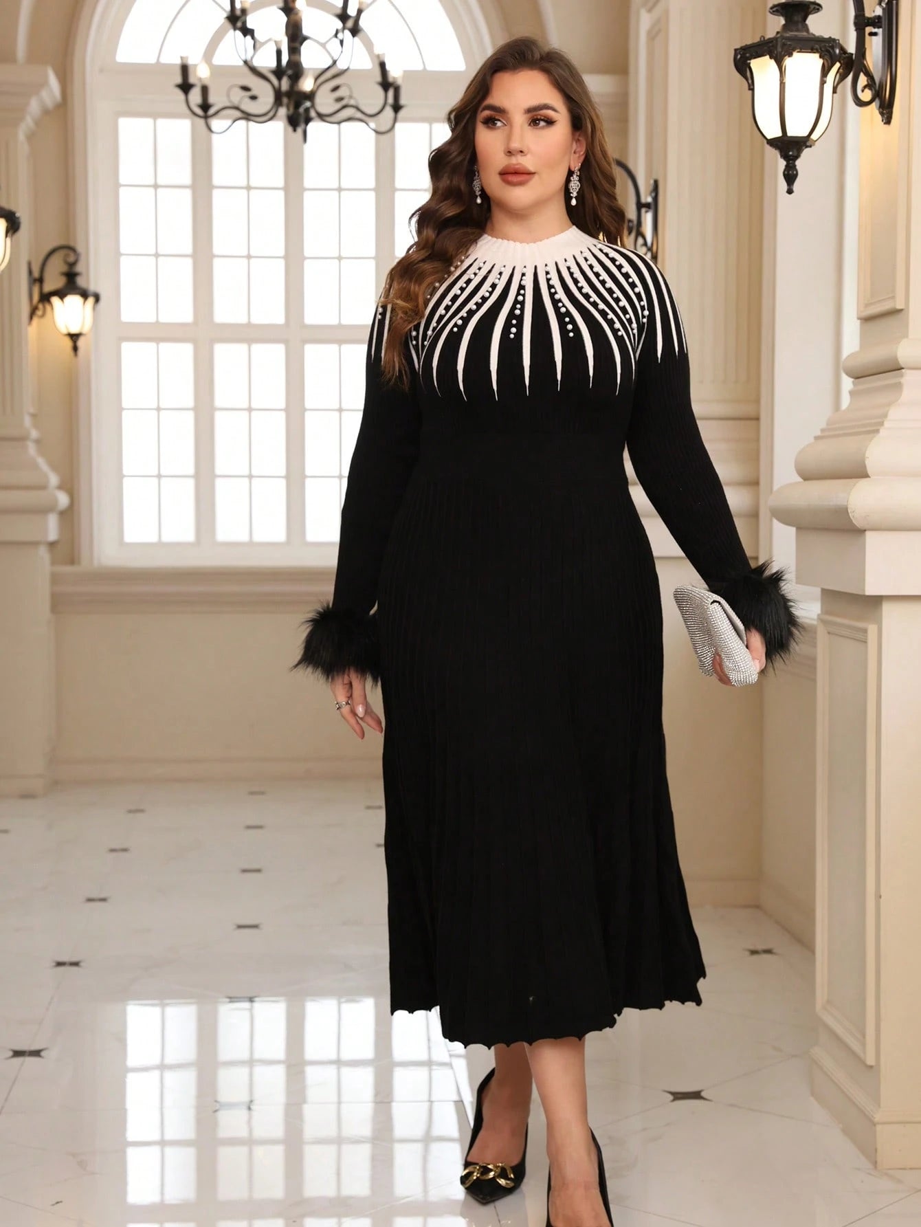 SHEIN Clasi Plus Fuzzy Cuff Pearls Beaded Sweater Dress