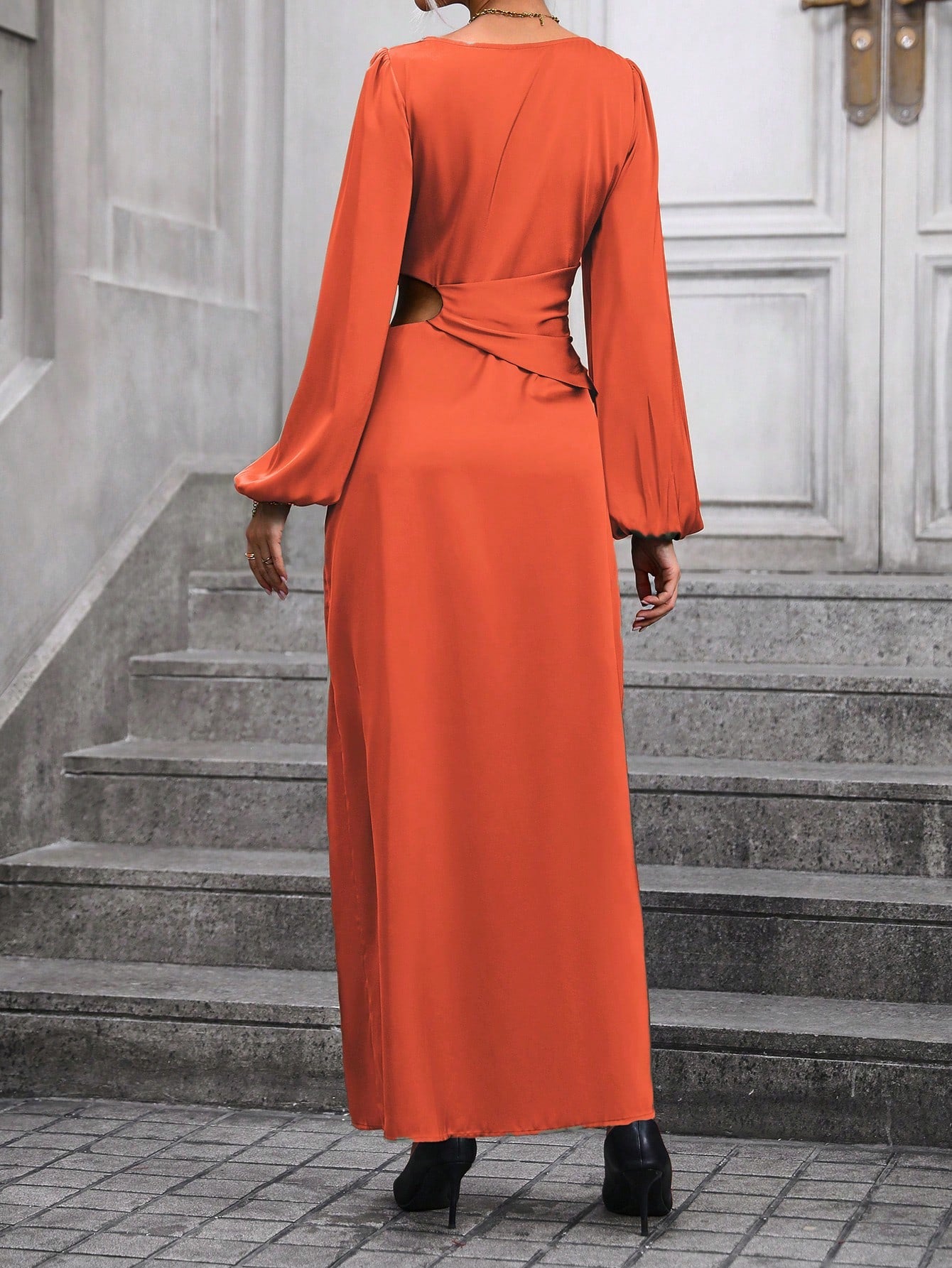 SHEIN Clasi Pleated Waist Lantern Sleeve Dress