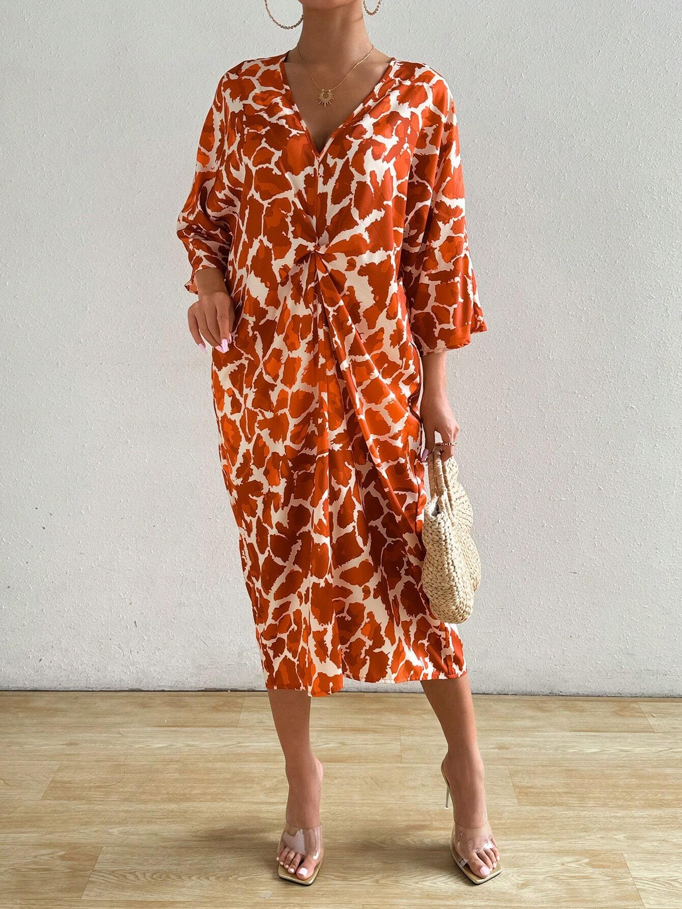 SHEIN Clasi Printed Twist Front Midi Dress