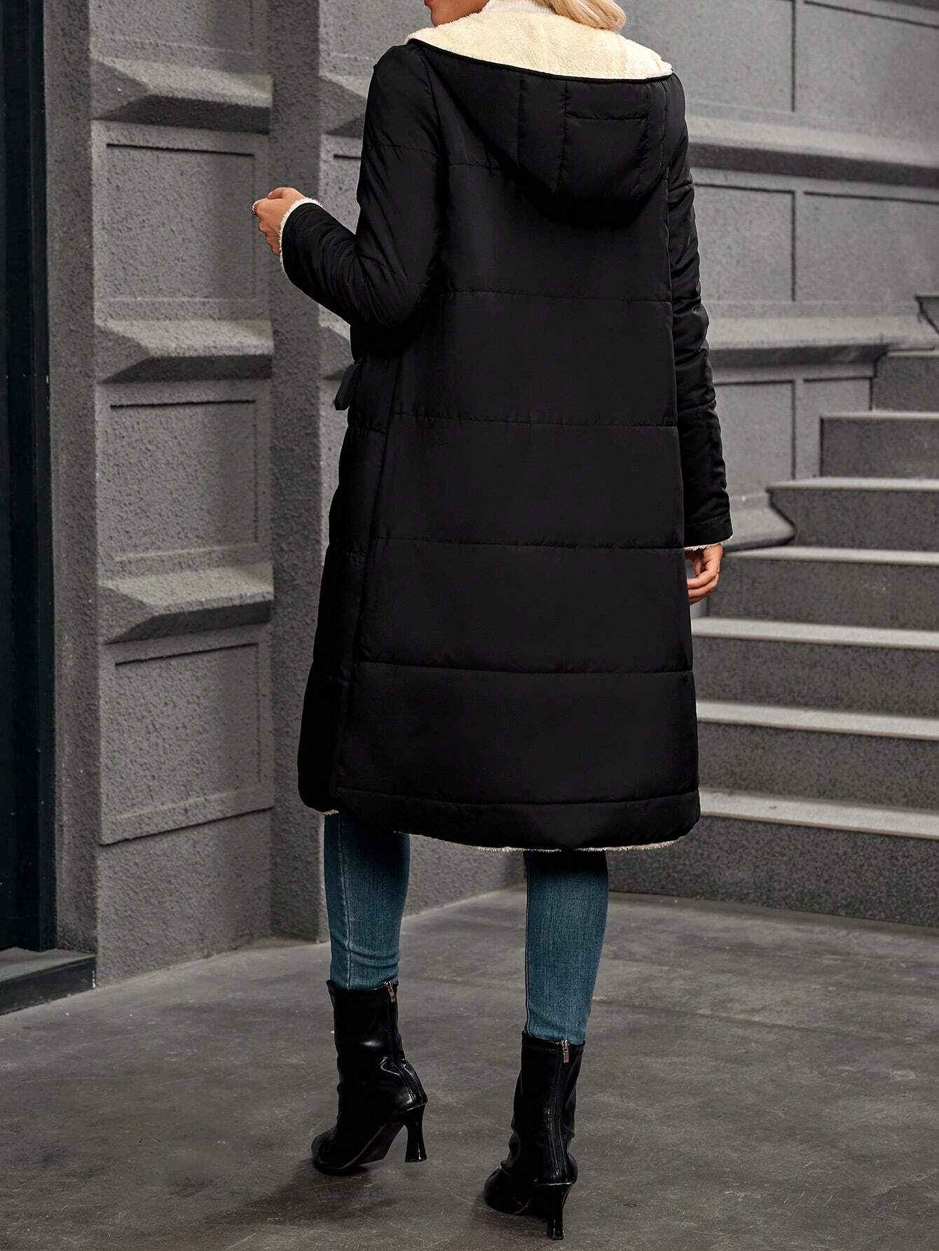 SHEIN Clasi Reversible Hooded Padded Sherpa Coat