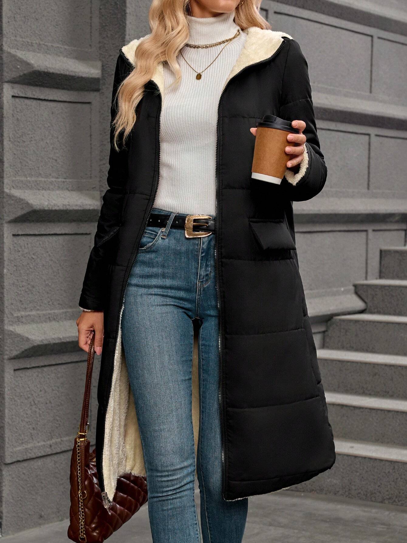 SHEIN Clasi Reversible Hooded Padded Sherpa Coat