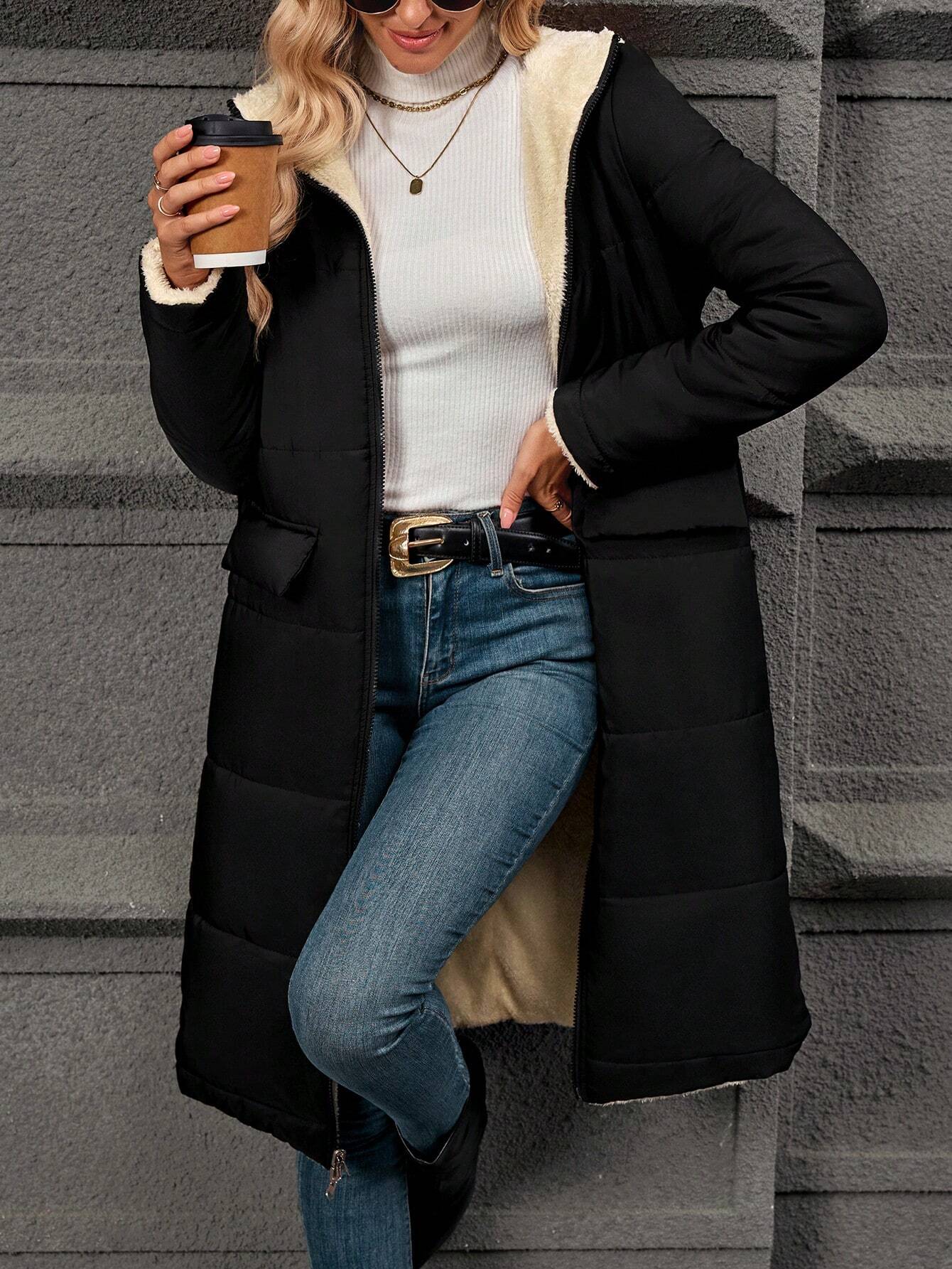 SHEIN Clasi Reversible Hooded Padded Sherpa Coat