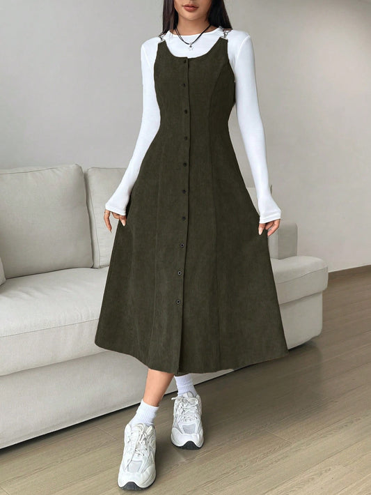 SHEIN EZwear Button Front Solid Corduroy Dress without sweater