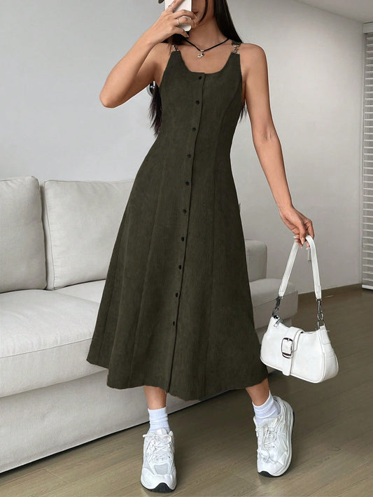 SHEIN EZwear Button Front Solid Corduroy Dress without sweater