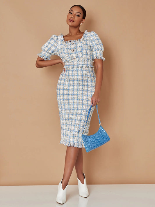 SHEIN Essnce Plaid Square Neck Tweed Dress