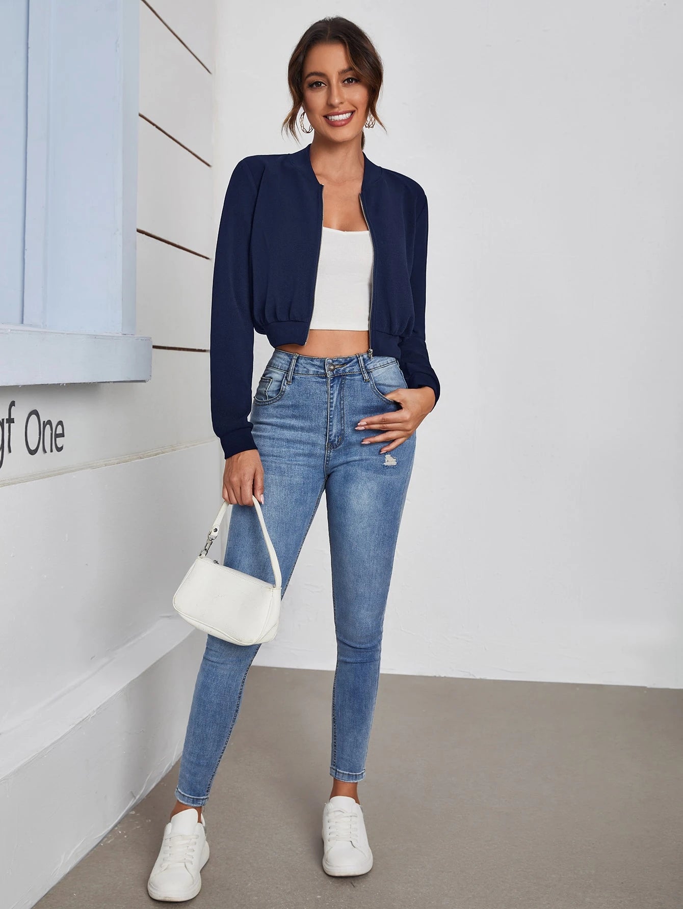 Shein THE NOIR NAVY CROPPED BOMBER JACKET