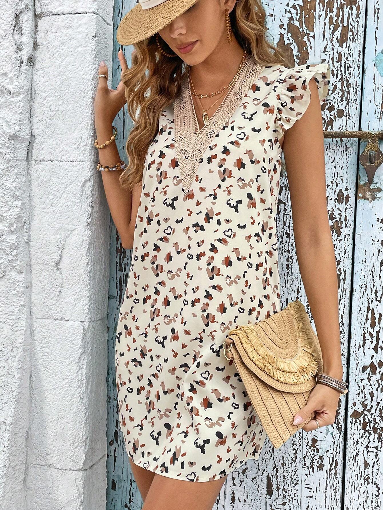 SHEIN Frenchy Allover Print Guipure Lace Panel Dress - ZEBrand