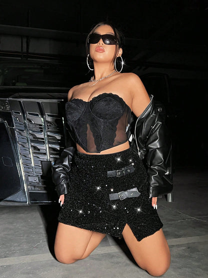 SHEIN ICON Buckle Detail Sequin Skirt