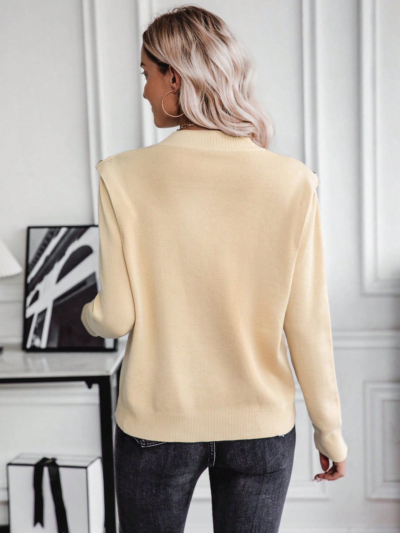 SHEIN LUNE Shoulder-Pad Button Knit Sweater