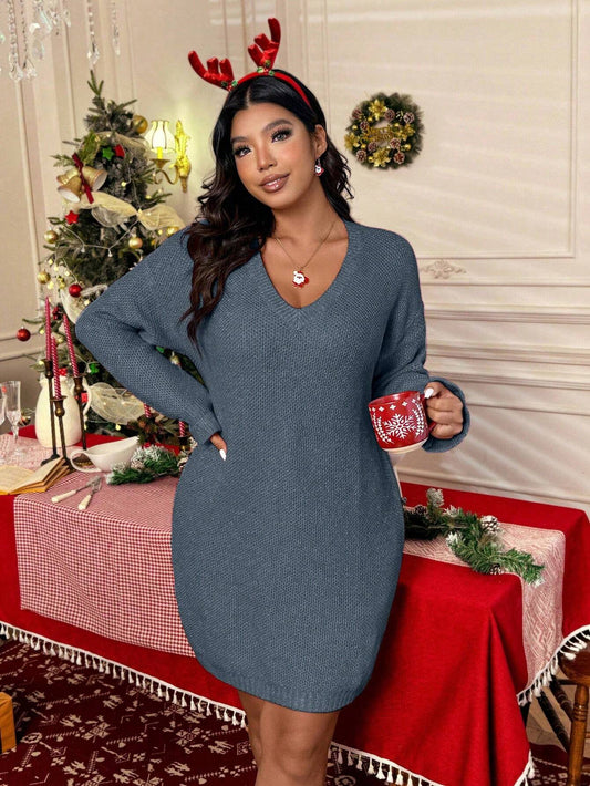 SHEIN LUNE Plus Size V-Neck Drop Shoulder Knit Sweater Dress