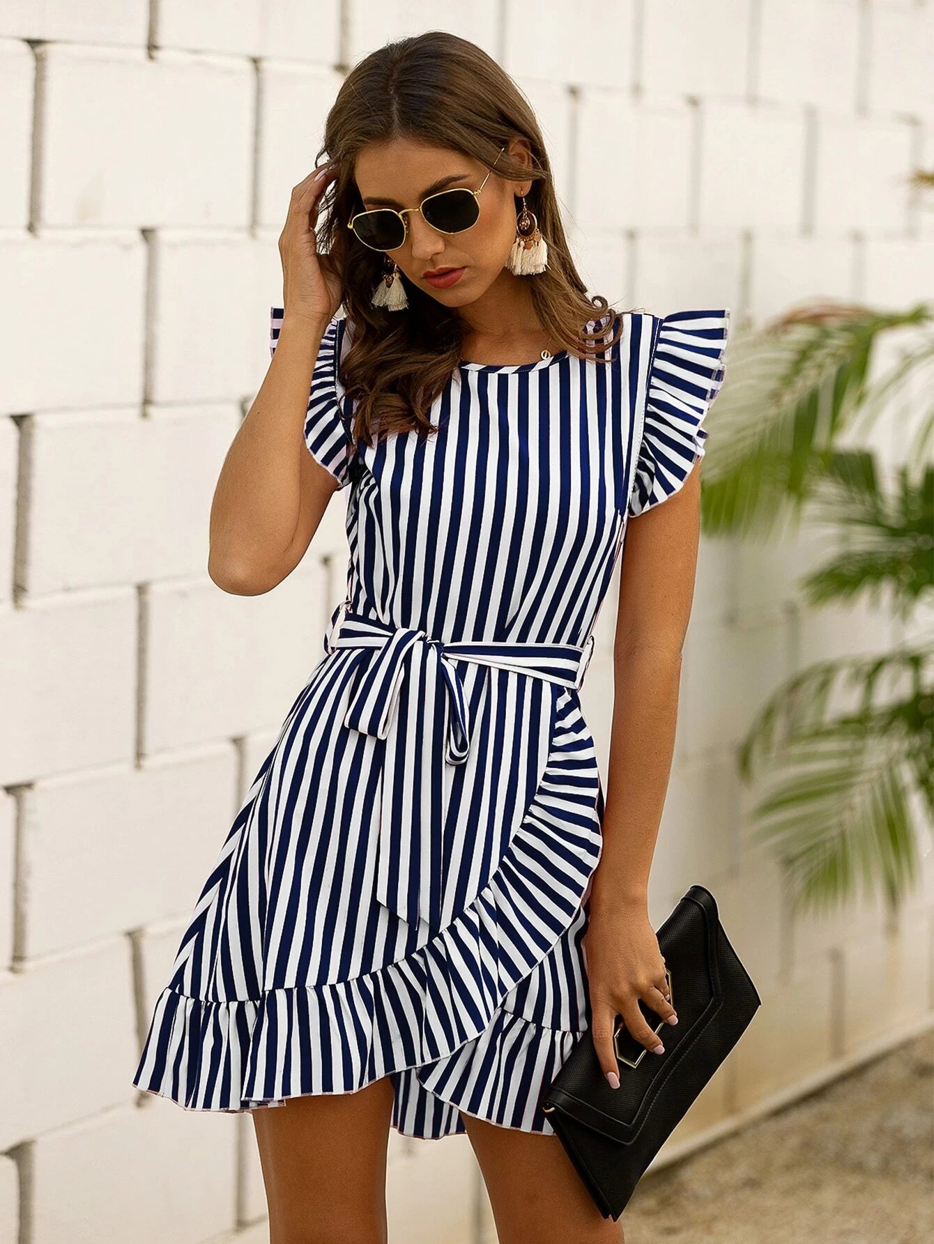 SHEIN LUNE Striped Wrap Ruffle Hem Belted Dress - ZEBrand