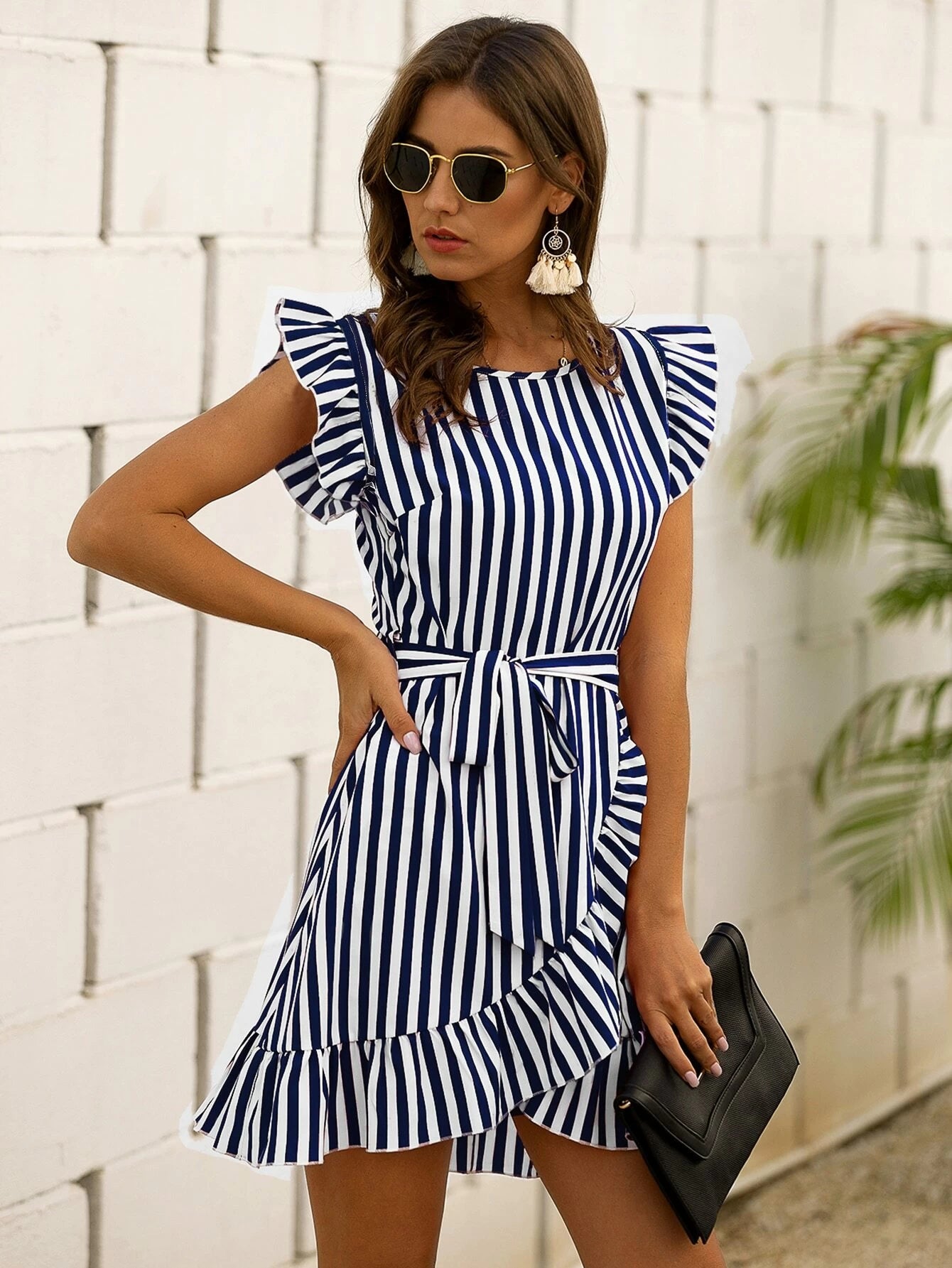 SHEIN LUNE Striped Wrap Ruffle Hem Belted Dress - ZEBrand