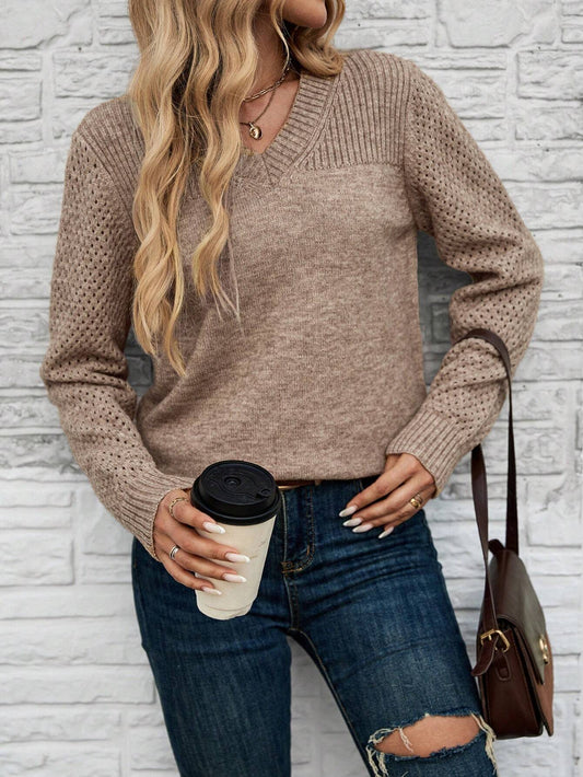 SHEIN LUNE V-Neck Hollow Sleeve Warm Pullover Sweater