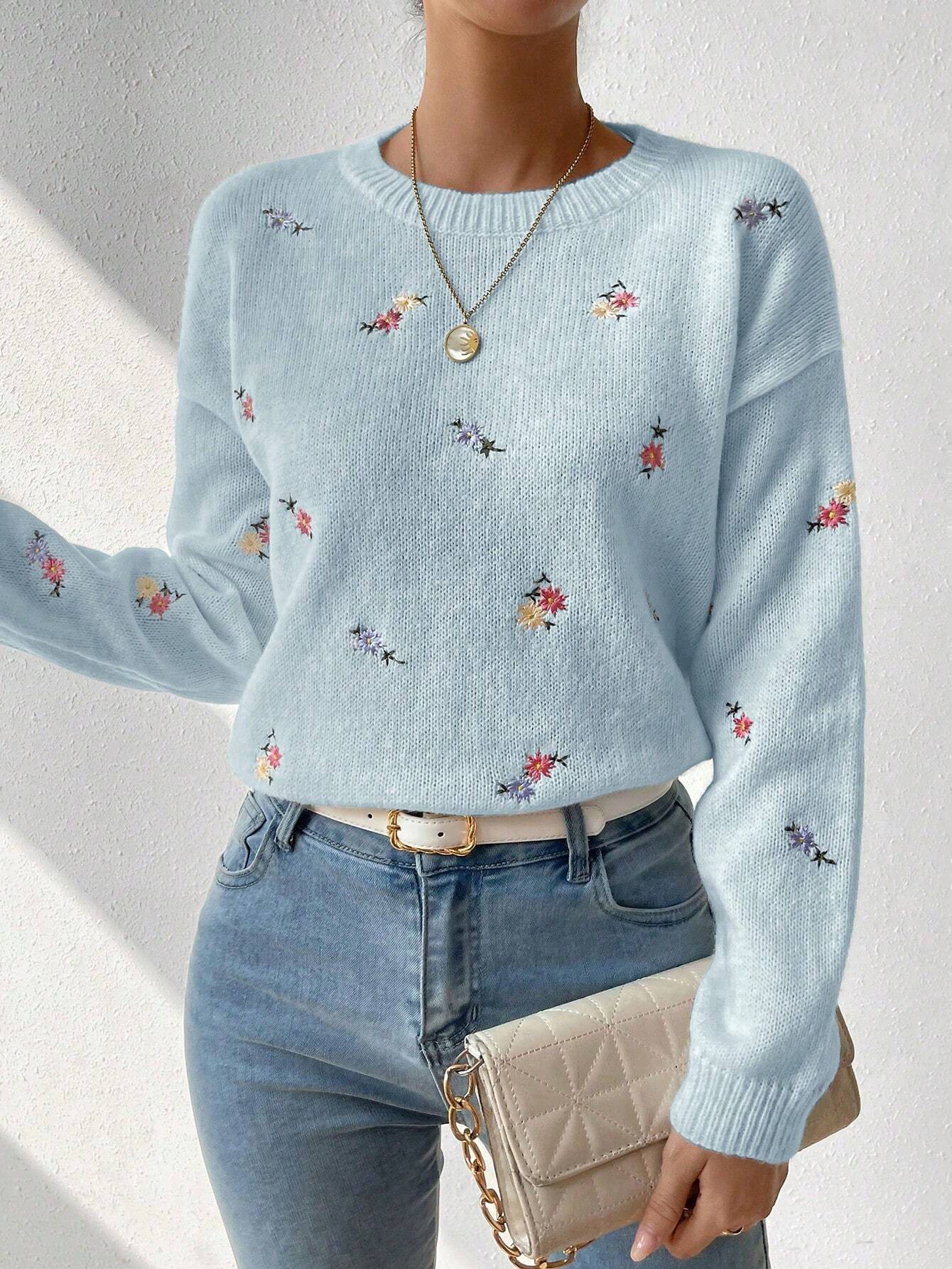 SHEIN LUNE Floral Embroidered Knit Sweater