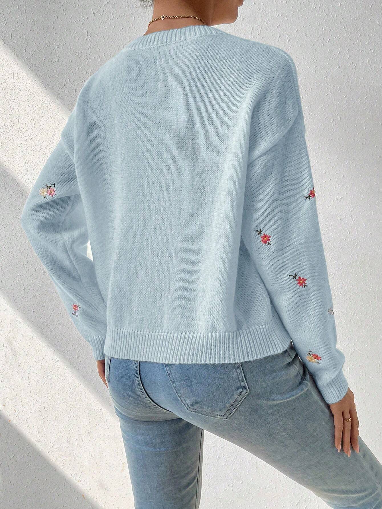 SHEIN LUNE Floral Embroidered Knit Sweater