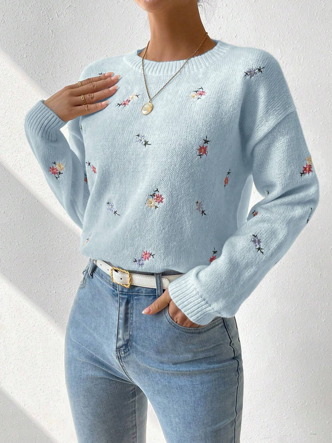 SHEIN LUNE Floral Embroidered Knit Sweater