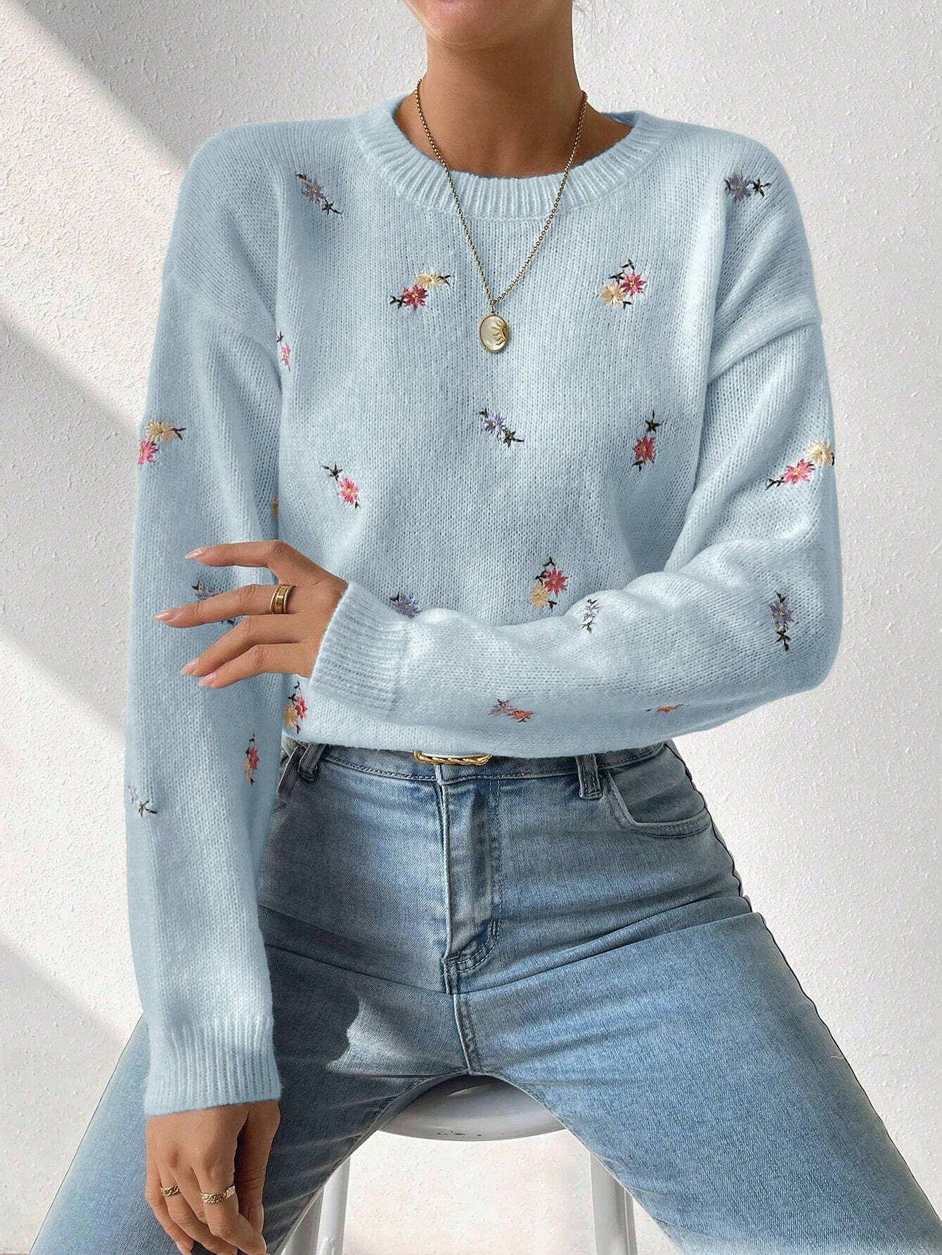 SHEIN LUNE Floral Embroidered Knit Sweater