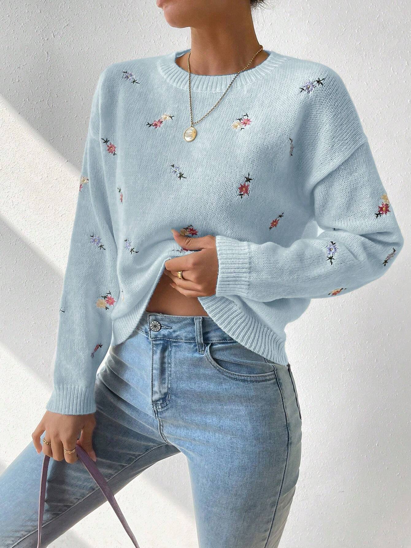 SHEIN LUNE Floral Embroidered Knit Sweater