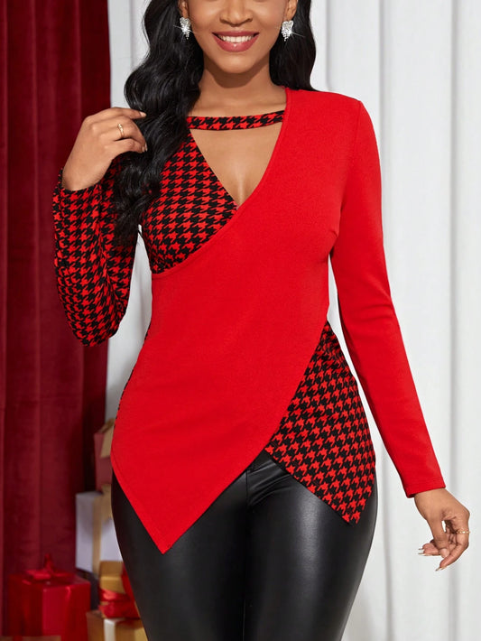 SHEIN Lady Houndstooth Print Cut Out Wrap Cross Tee