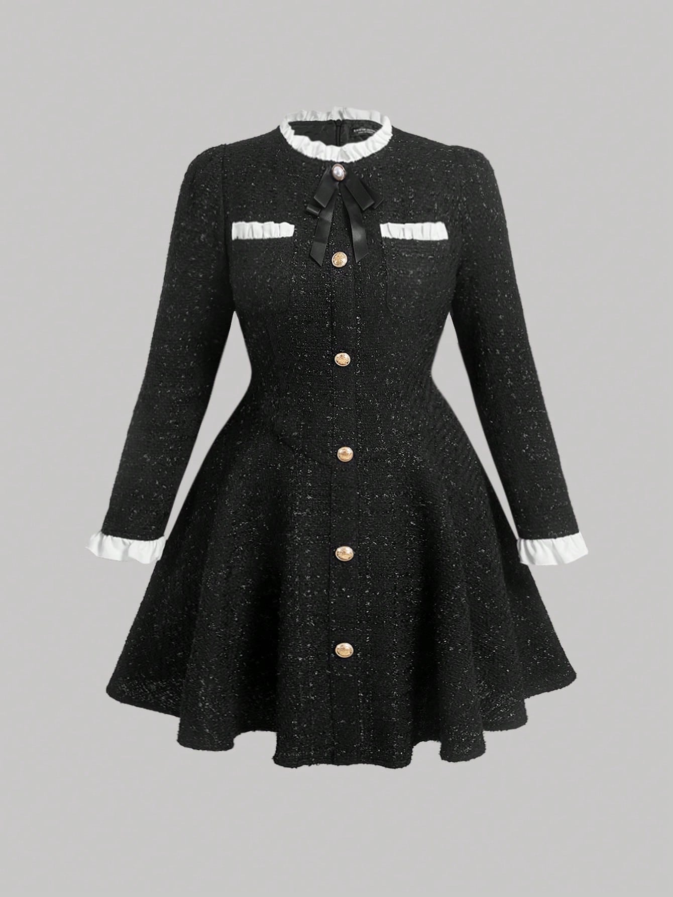 SHEIN MOD Plus Contrast Trim Bow Front Tweed Dress