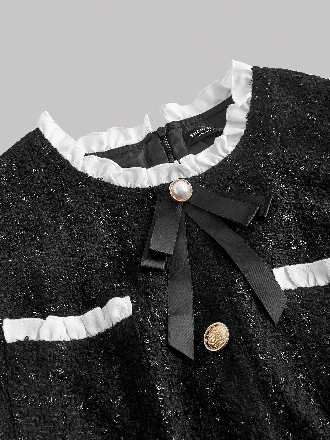 SHEIN MOD Plus Contrast Trim Bow Front Tweed Dress