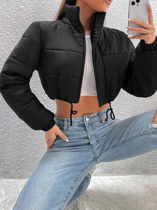 SHEIN PETITE Drawstring Hem Crop Padded Jacket