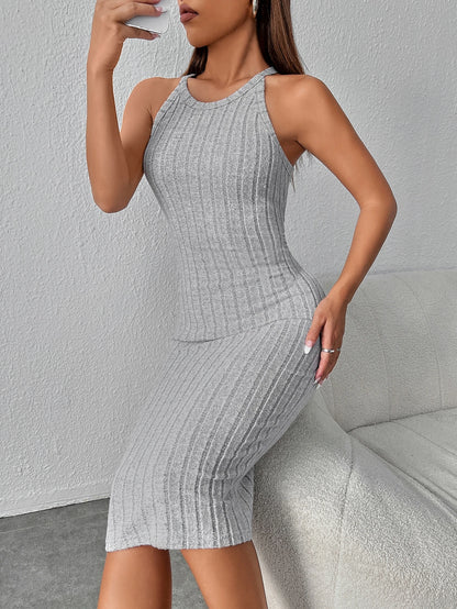 SHEIN PETITE Ribbed Knit Halter Neck Bodycon Dress