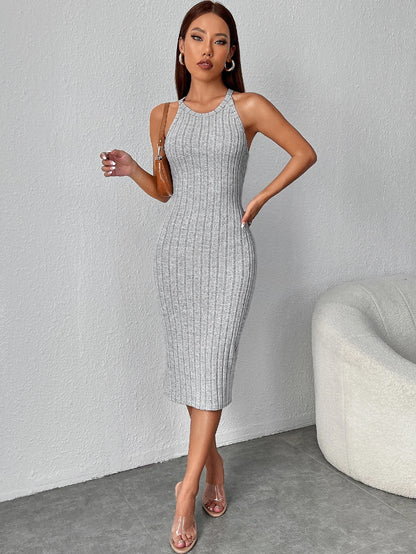 SHEIN PETITE Ribbed Knit Halter Neck Bodycon Dress