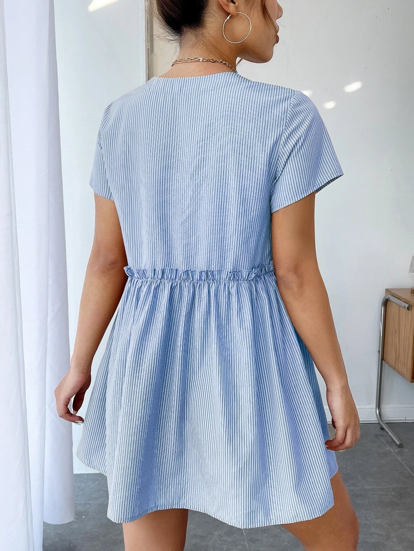 SHEIN PETITE Striped Print Lace Up Front Frill Trim Dress - ZEBrand