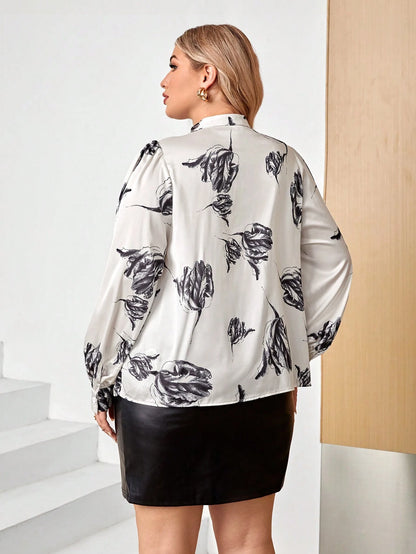 SHEIN PRIVÉ PLUS FLORAL TIE-NECK LANTERN SLEEVE BLOUSE