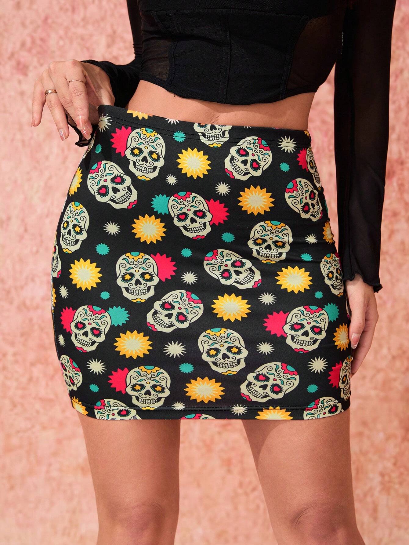 SHEIN Privé X Day Of The Dead Print Skirt
