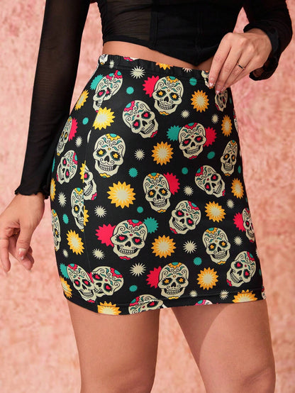 SHEIN Privé X Day Of The Dead Print Skirt