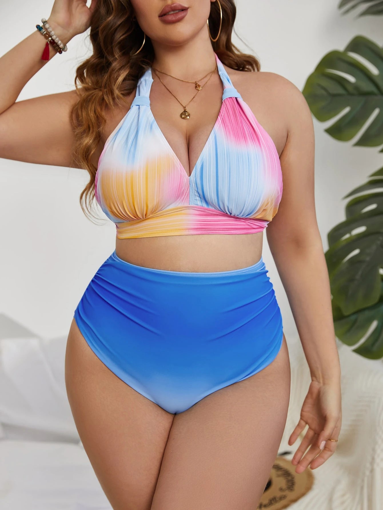 SHEIN CURVE TIE DYE RUCHED HIGH WAIST BIKINI SET