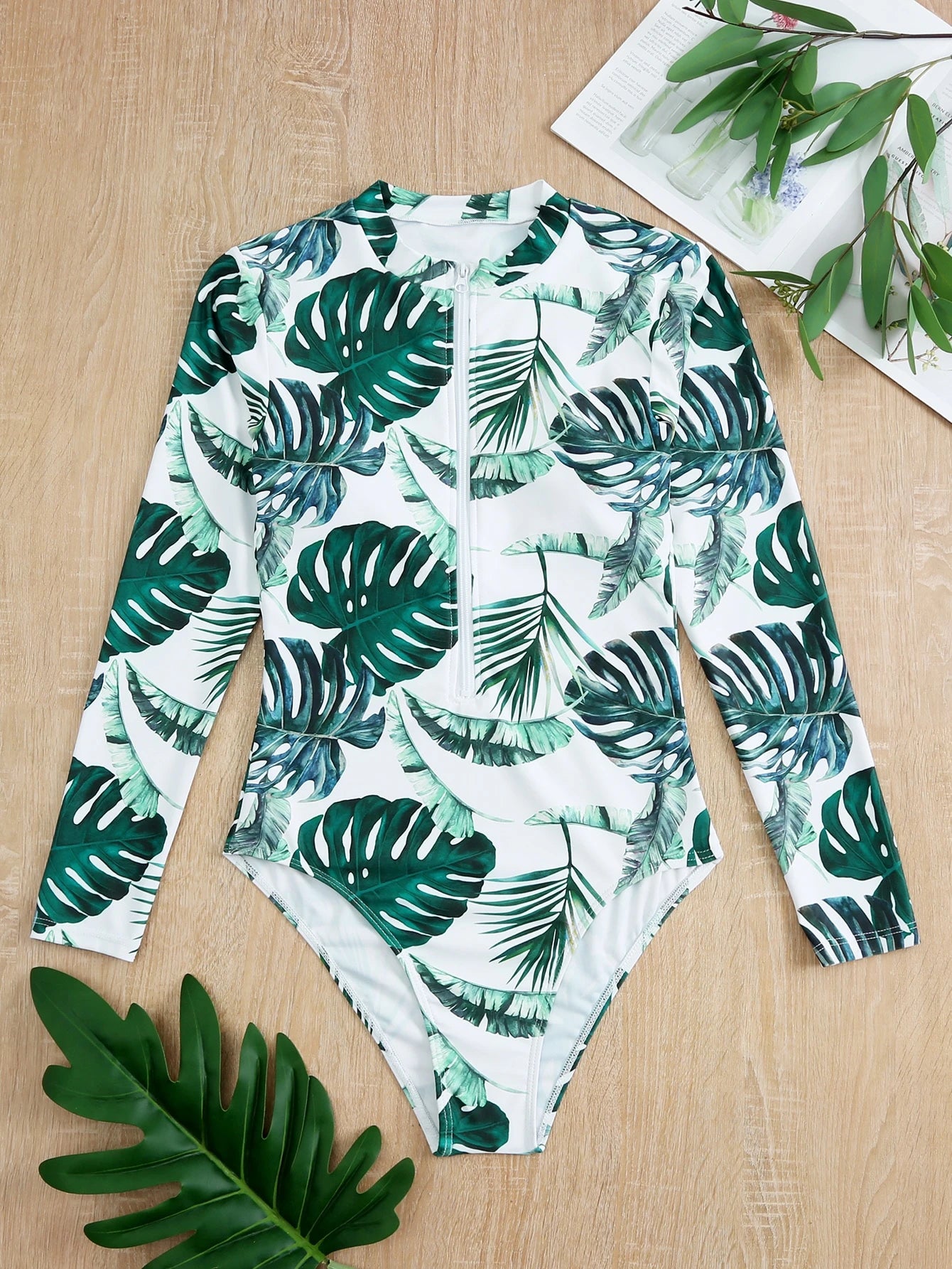 SHEIN Tropical Zip Front One-Piece Swimsuit
