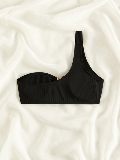 SHEIN Swim One Shoulder V-Notch Textured Bikini Top (only top)