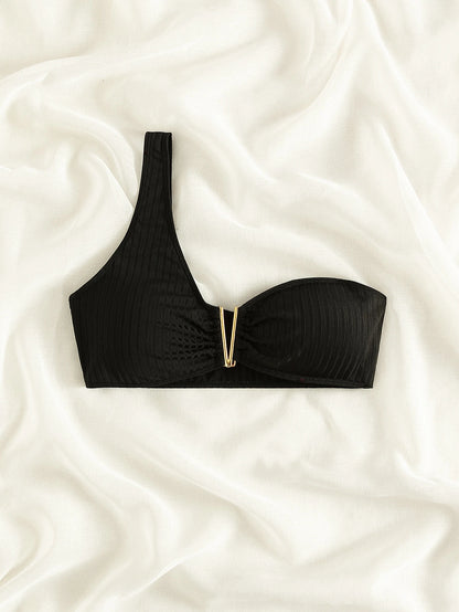 SHEIN Swim One Shoulder V-Notch Textured Bikini Top (only top)