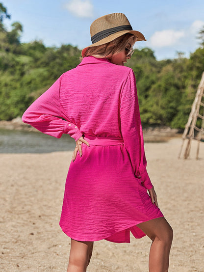 SHEIN VCAY BELTED TEXTURED SHIRT DRESS