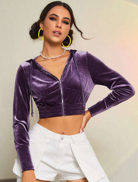 SHEIN Elastic Wide Hem Zipper Up Drawstring Hooded Velvet Jacket - ZEBrand