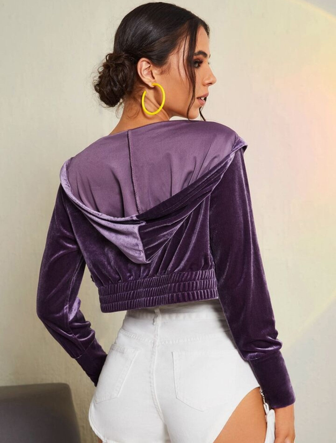 SHEIN Elastic Wide Hem Zipper Up Drawstring Hooded Velvet Jacket - ZEBrand