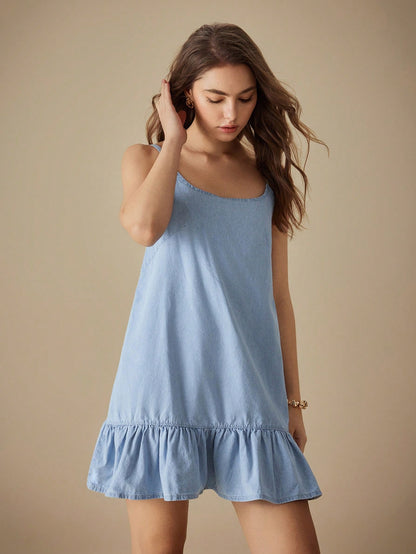 SELENZA RUFFLE HEM DENIM MINI DRESS