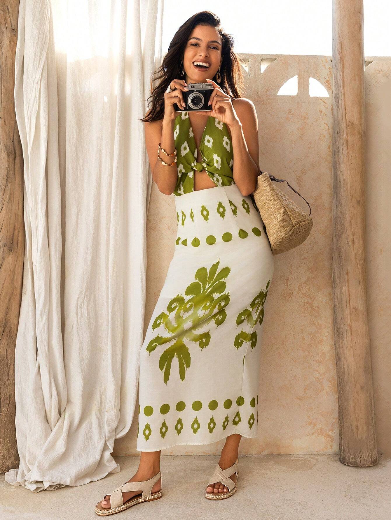 GEOMETRIC PRINTED HOLLOW OUT DRESS