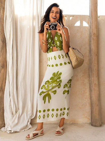 GEOMETRIC PRINTED HOLLOW OUT DRESS