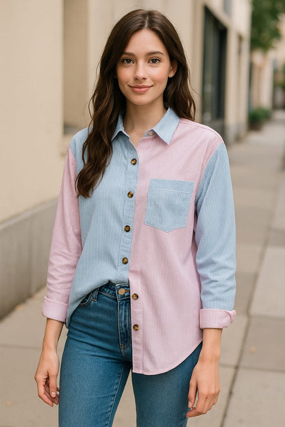 Color Block Striped Print Blouse