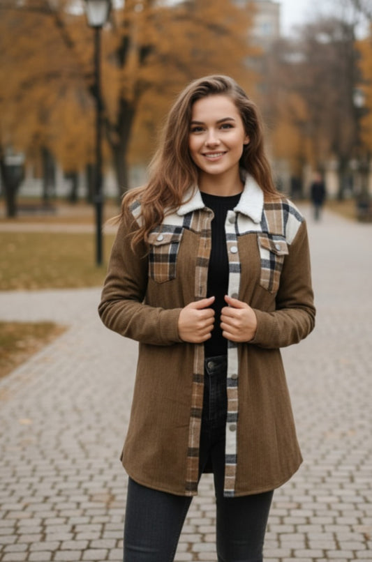 ChicMe Colorblock Plaid Print Corduroy Lined Shacket