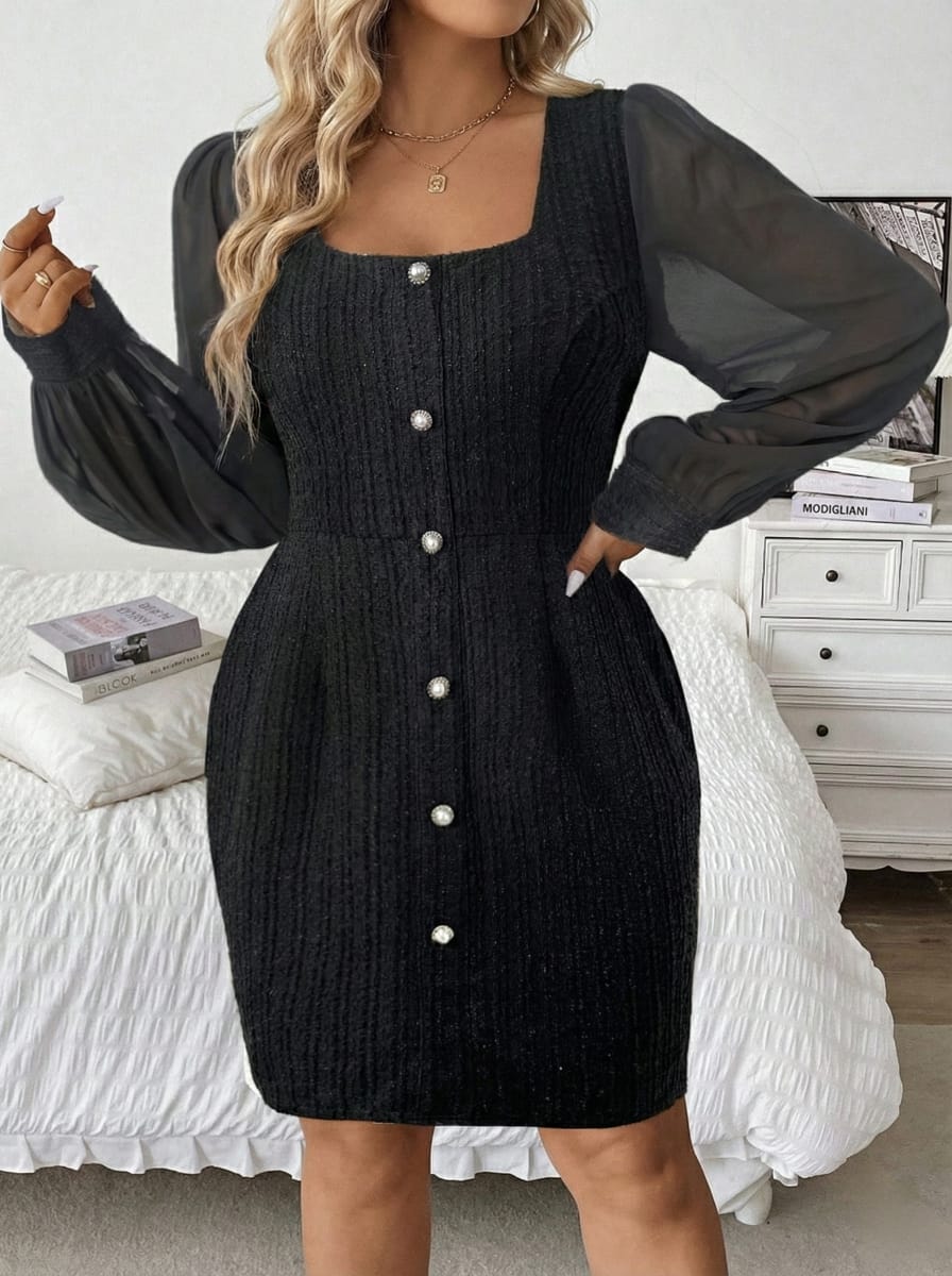 Flirla Plus Size Square Neck Mesh Contrast Dress