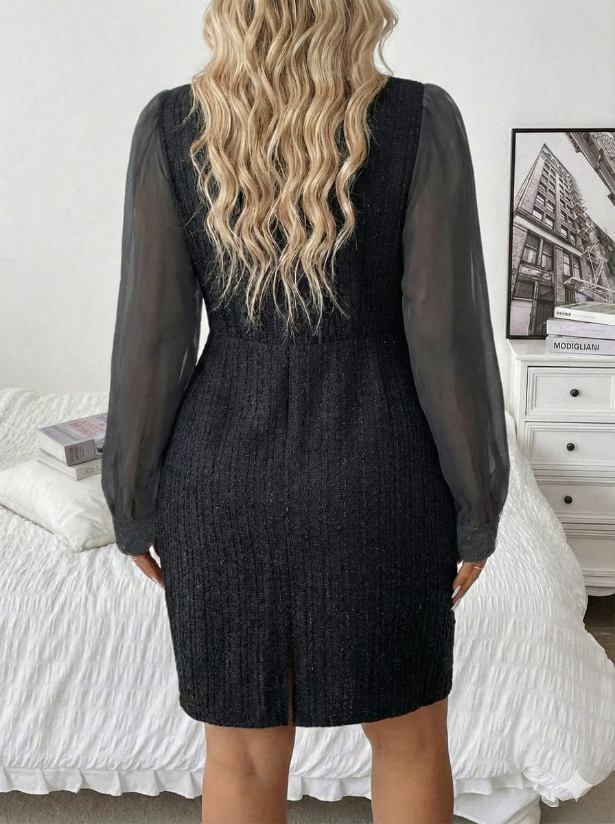 Flirla Plus Size Square Neck Mesh Contrast Dress