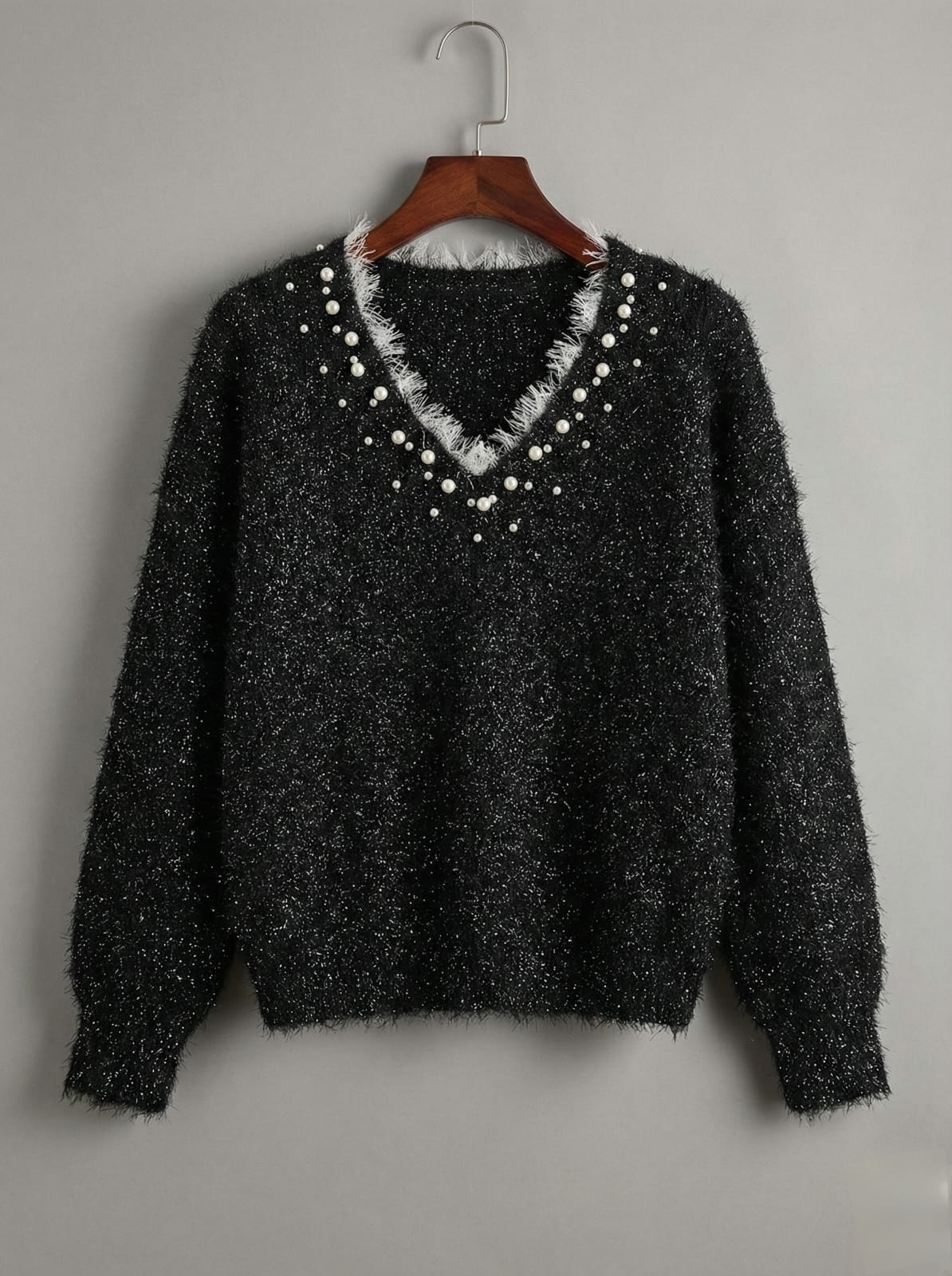 SHEIN Luxe Pearl-Trim Fuzzy V-Neck Sweater